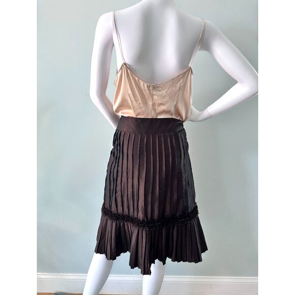 Vintage Y2k Brown Pleated Silk Skirt High Waist Textured Hem A-Line Lined size 6 - Picture 2 of 7